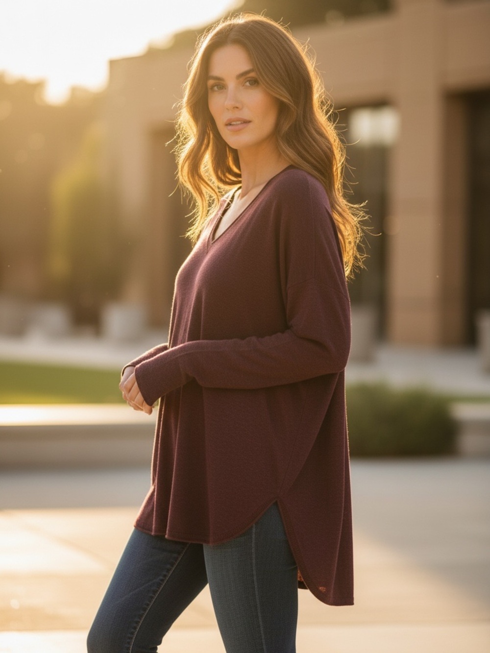 Victoria’s Secret Touch of Cashmere Plum Oversized Drop Shoulder V-Neck Sweater